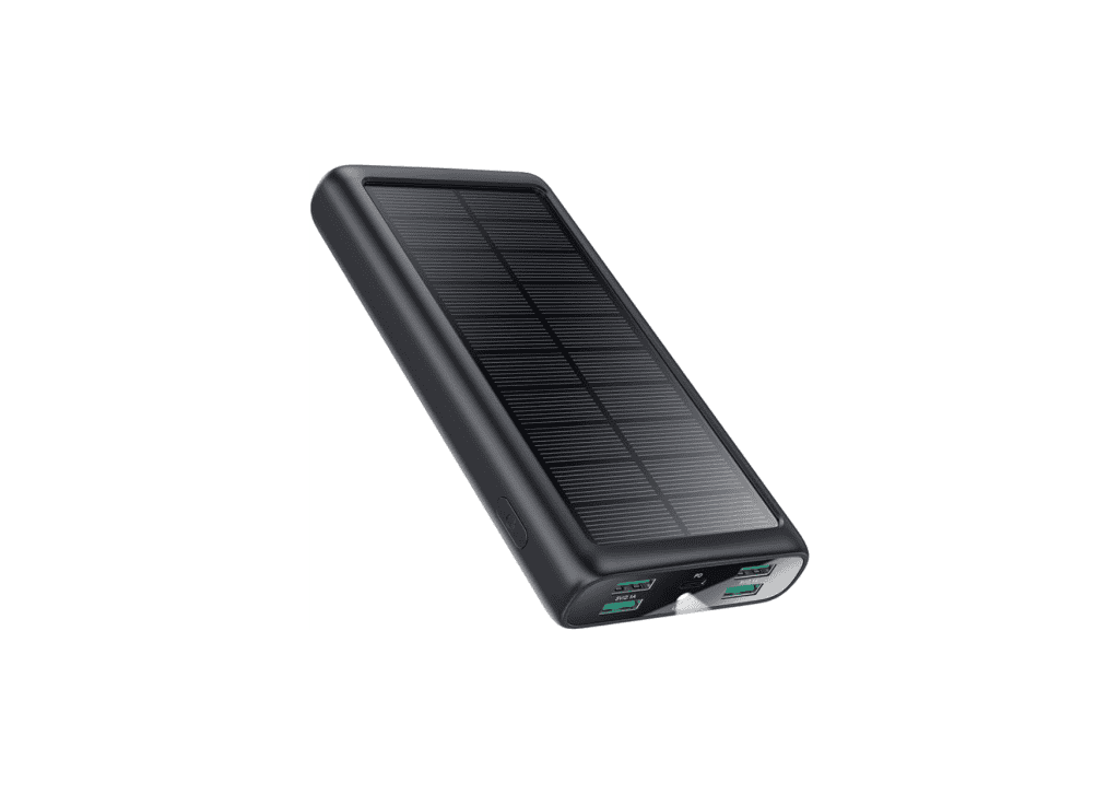 Portable charger and cables in a travel tech kit

