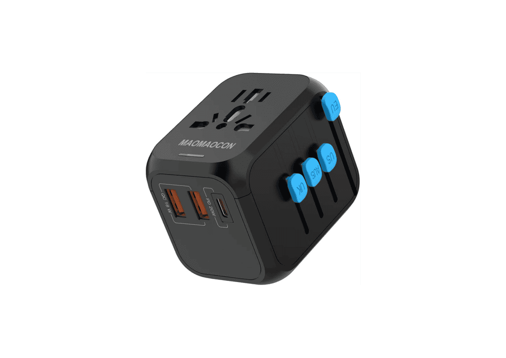 Essential travel tech gadgets and chargers laid out
