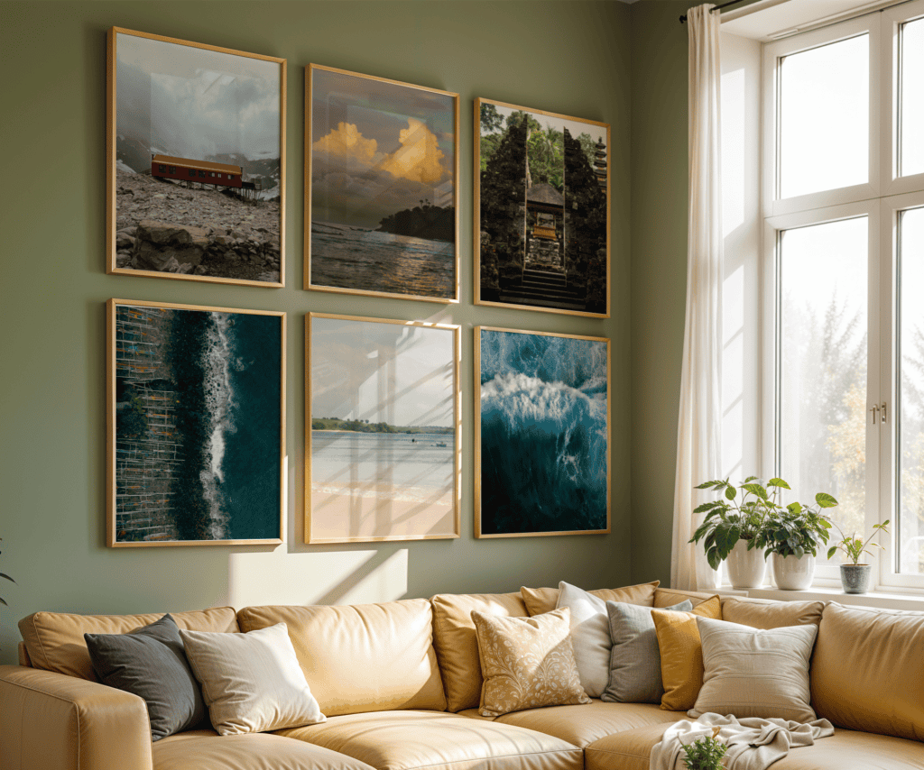 Living room with framed travel photography prints of coastal and nature landscapes displayed above a beige sofa
