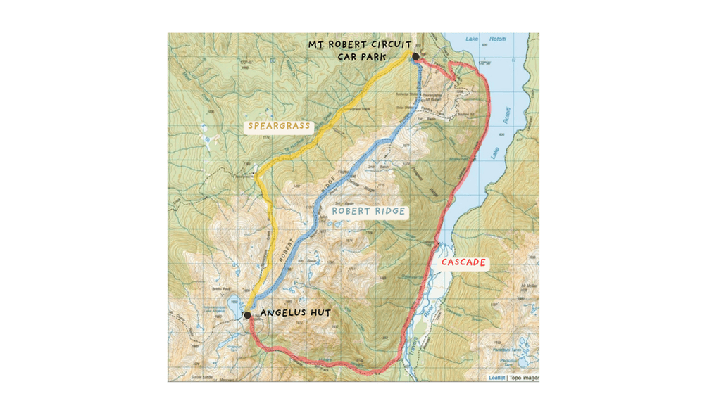 Map of the three routes to Angelus Hut