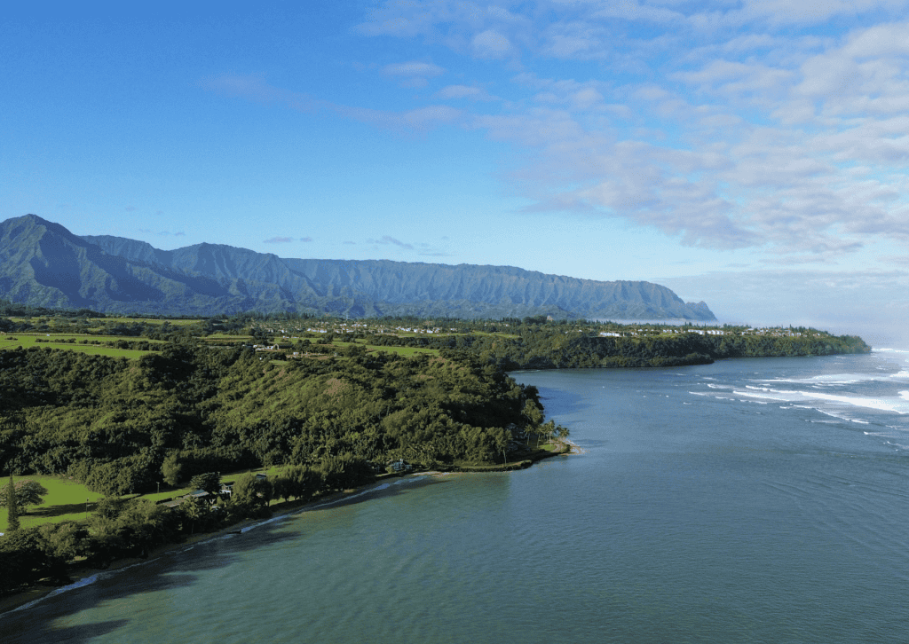 Aerial drone view over Kauai's coastline