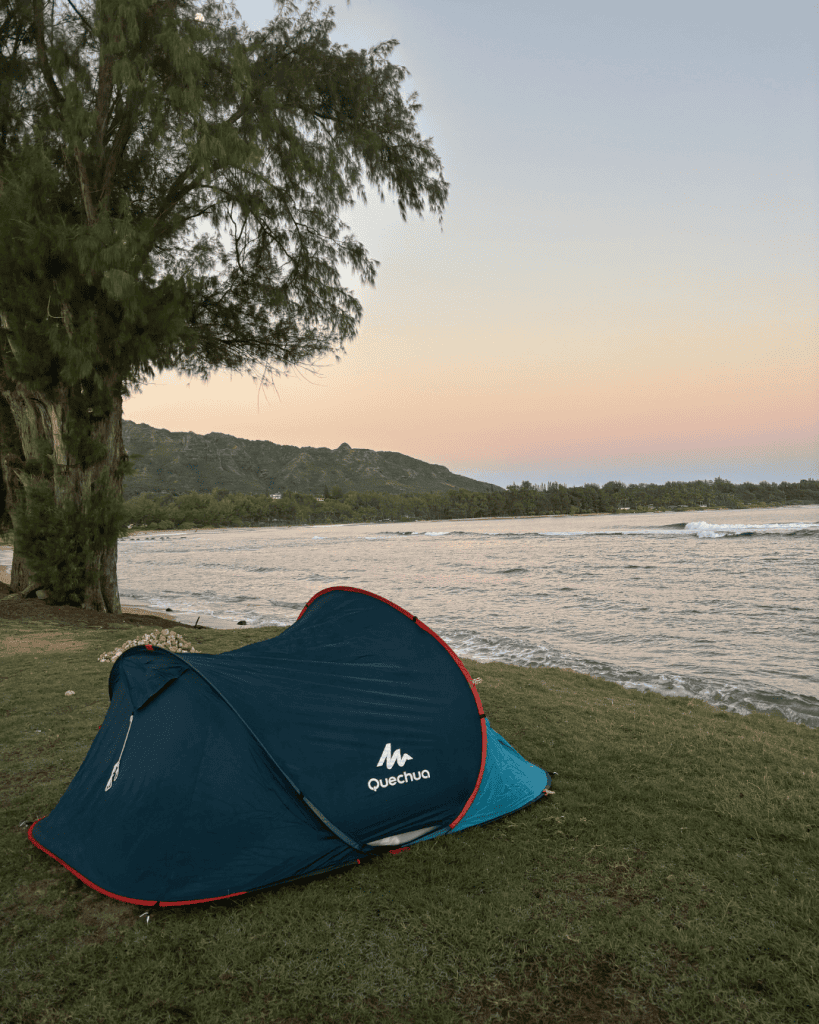 Camping spot at Anahola Beach Park on Kauai's east coast