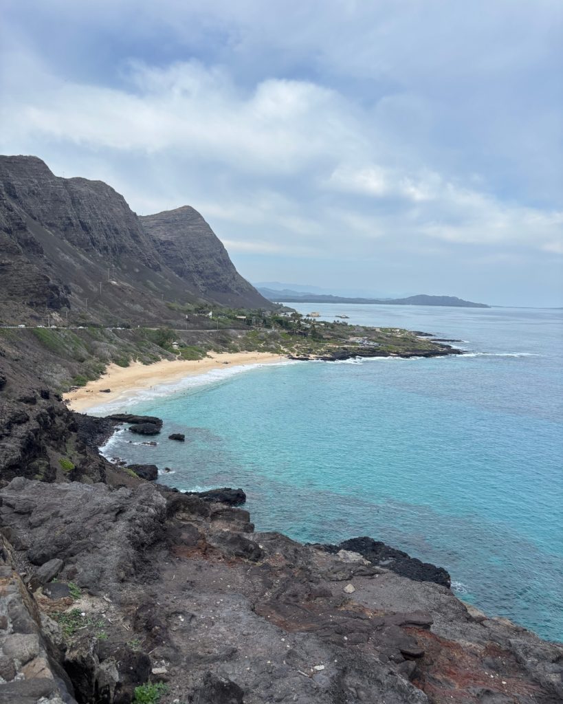 Rocky cliff ridge along the Makapuu lighthouse trail under a cloudy sky on Oahu