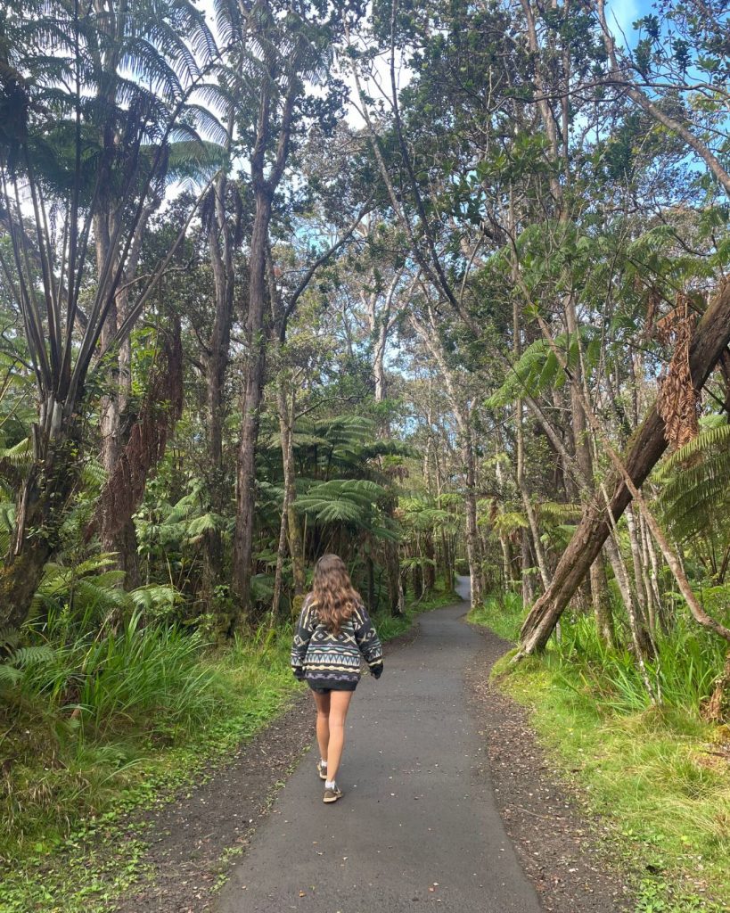 A woman walking along the paved lane of the Four Mile Scenic Drive through dense jungle