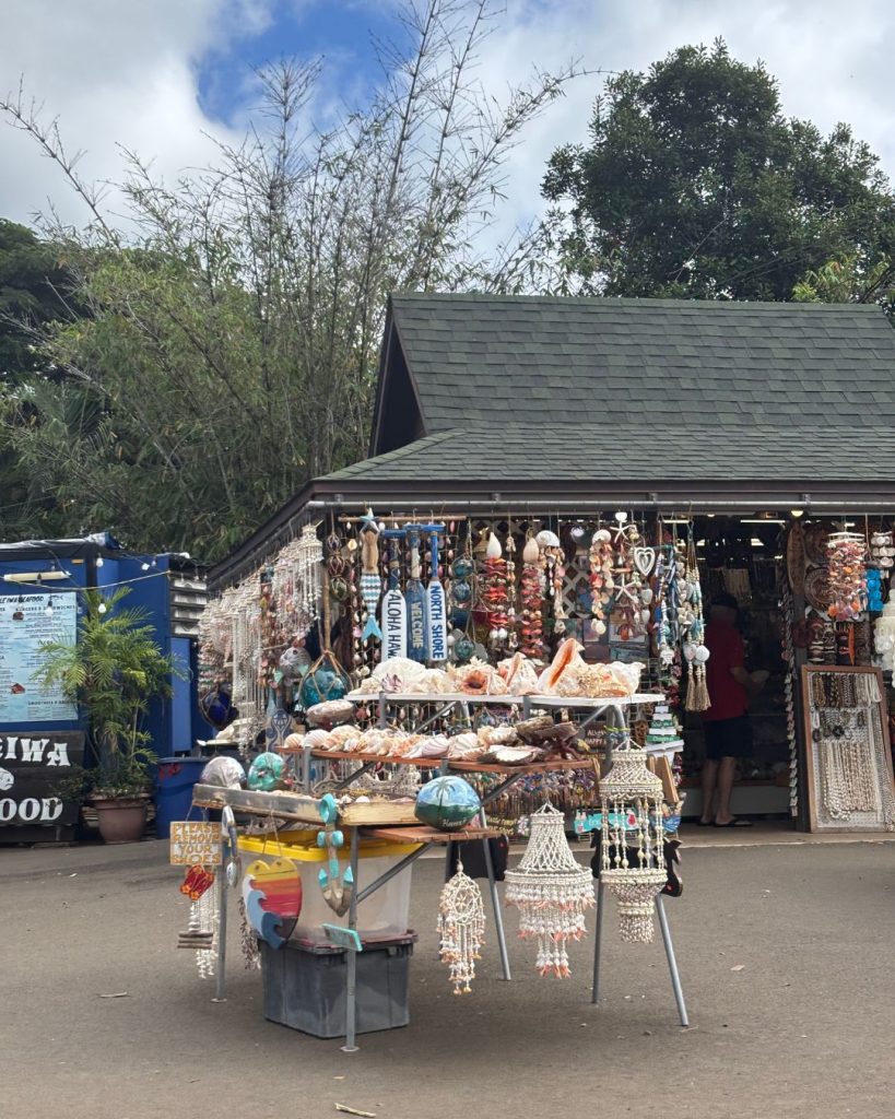 Roadside stand near Laie selling shell necklaces and handmade jewelry under a small shelter