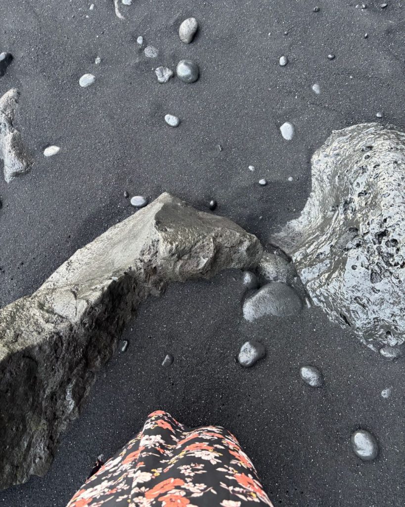 Pieces of white coral scattered across black volcanic sand, seen from above