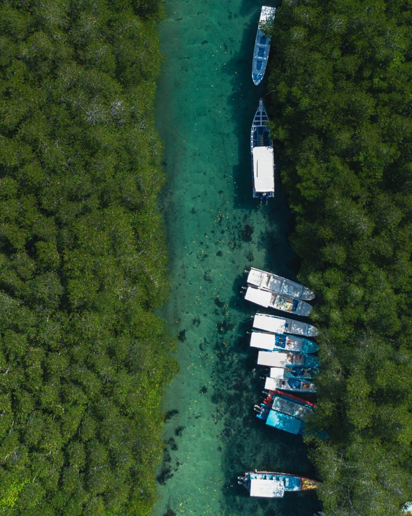 Aerial view of boats lined up along a narrow turquoise mangrove channel in Nusa Lembongan
