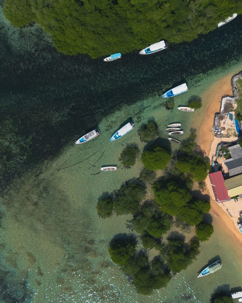 Aerial view of boats navigating the mangrove forest channels near Nusa Ceningan
