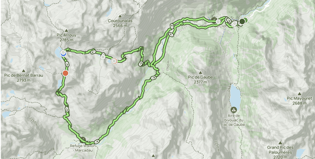 Cauterets lakes hike: map of the 22 km loop trail in the Marcadau valley, showing the route and elevation profile.
