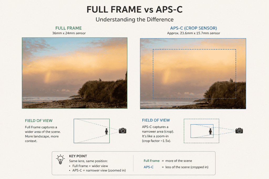Infographie comparant les capteurs plein format et APS-C : taille du capteur, champ de vision et angle de prise de vue