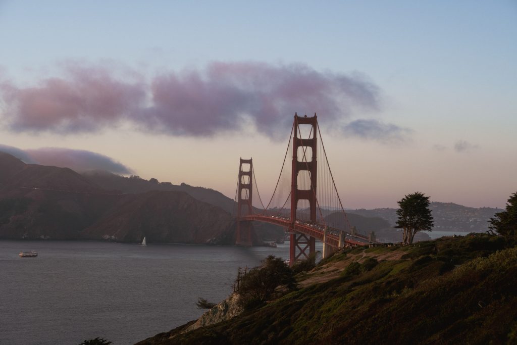 The Golden Gate Bridge seen from the Marin headlands at dusk, on the drive from San Francisco to Napa Valley