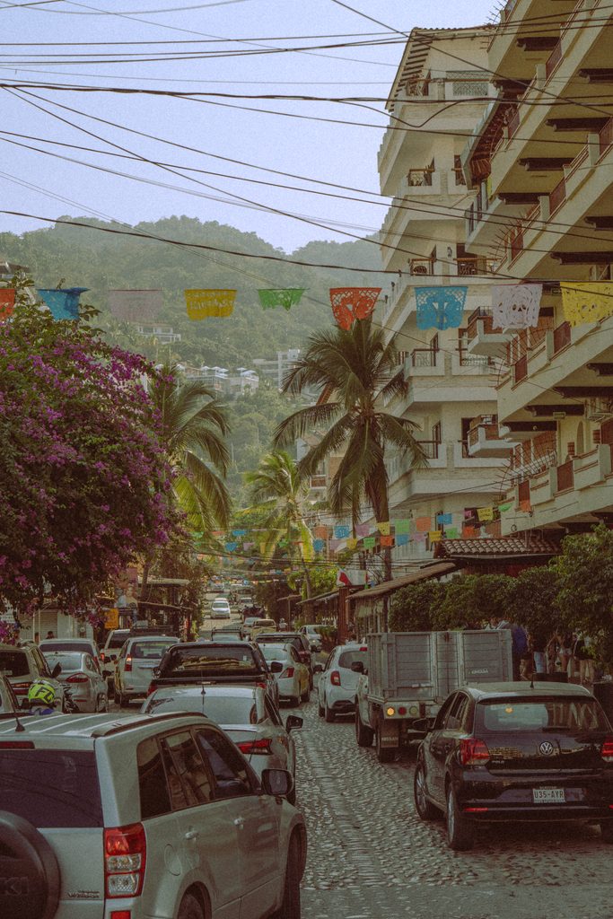 Cobblestone street in Zona Romantica strung with colourful papel picado banners, with palm trees and parked cars