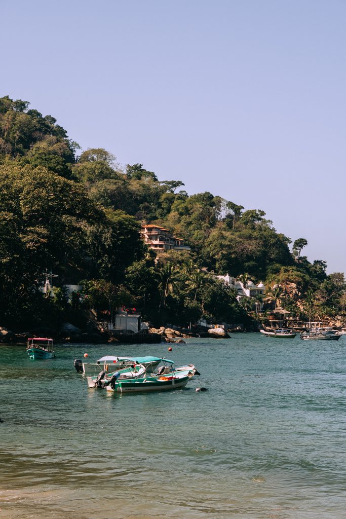Small pangas moored in the sheltered cove at Boca de Tomatlan, with jungle-covered hills behind