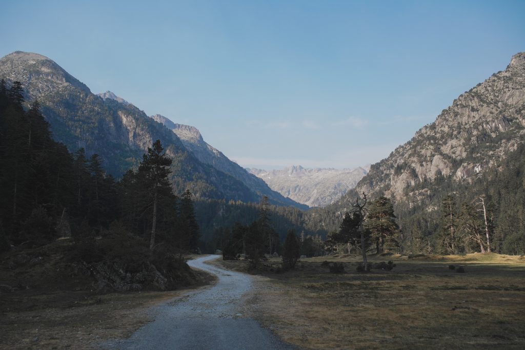 View of the Marcadau valley, with a river winding through meadows, pine forest, and Pyrenean peaks in the background.