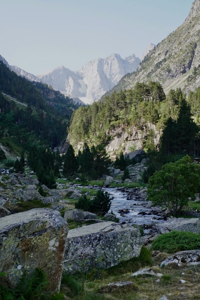 Rocky valley with a mountain stream, pine trees, and snow-capped peaks near the Refuge des Oulettes de Gaube