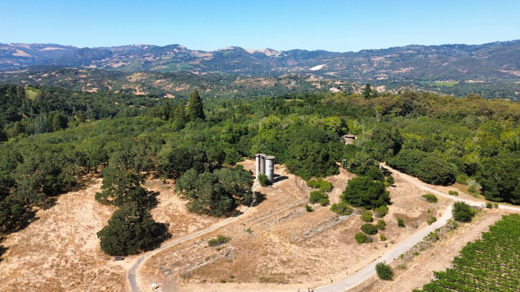 Aerial view of oak-covered hills and vineyards, the backdrop to most things to do in Napa Valley