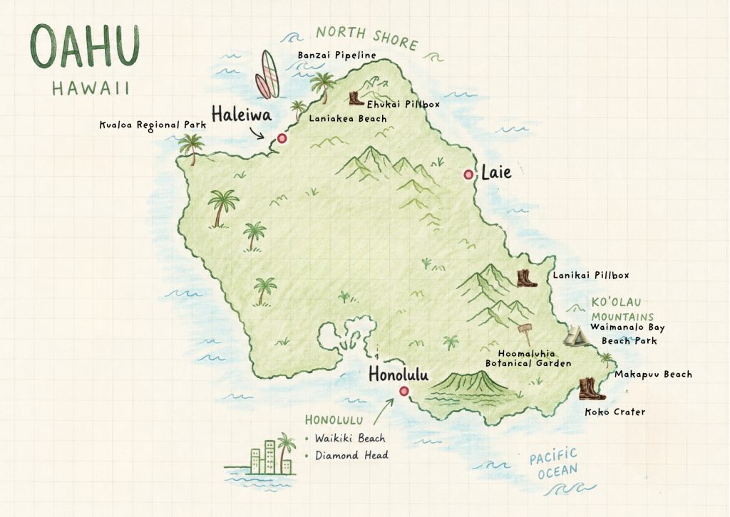 Hand-illustrated map of Oahu marking beaches, hiking trails, towns and campgrounds around the island oahu on a budget