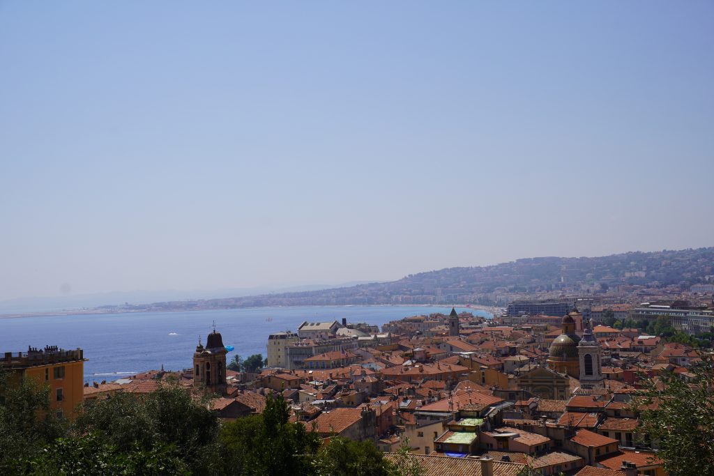 View over the terracotta rooftops of Nice and the Baie des Anges from the Colline du Chateau